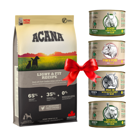 Acana Dog Adult Light and Fit 6kg + Benji's Planet Set Verkostung 4x410g