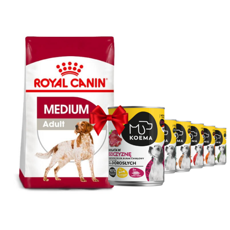 Royal Canin Medium Adult 15kg + Koema 90% Fleisch Mischung aus 6 Geschmacksrichtungen 6x400g