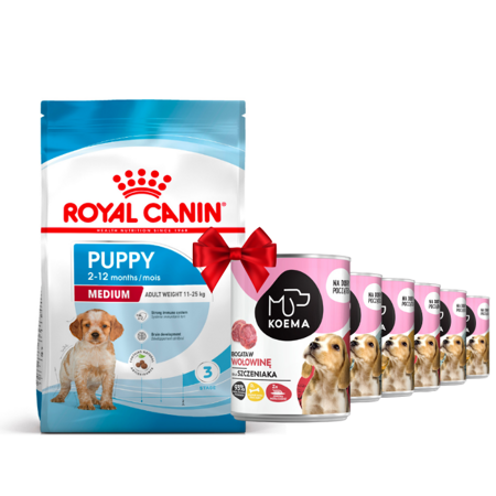 Royal Canin Medium Puppy 15kg + Koema Junior Mischung aus 3 Geschmacksrichtungen 6x400g